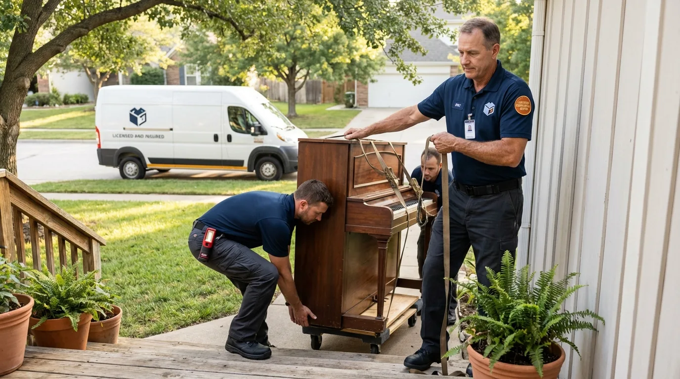 Licensed piano movers securing grand piano in Thiells, NY