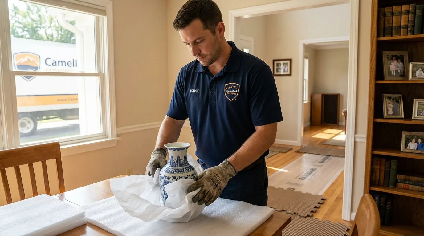 Professional crew carefully wrapping antique vase for senior downsizing move in Thiells, NY