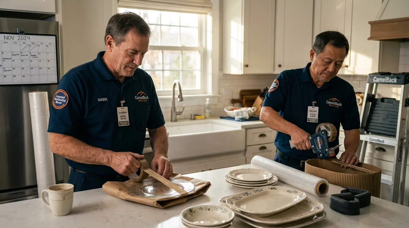 Professional crew packing kitchen dishware in Thiells, NY